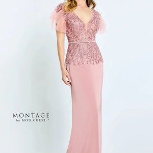 Montage M512 Beaded Long Fitted Formal Removable Sleeve Dress