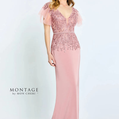 Montage M512 Beaded Long Fitted Formal Removable Sleeve Dress