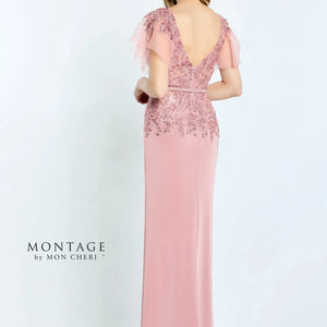 Montage M512 Beaded Long Fitted Formal Removable Sleeve Dress