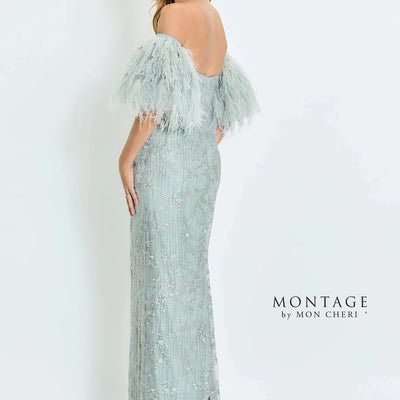 Montage M525 Fitted Long Formal Detachable Feather Sleeves Evening Dress