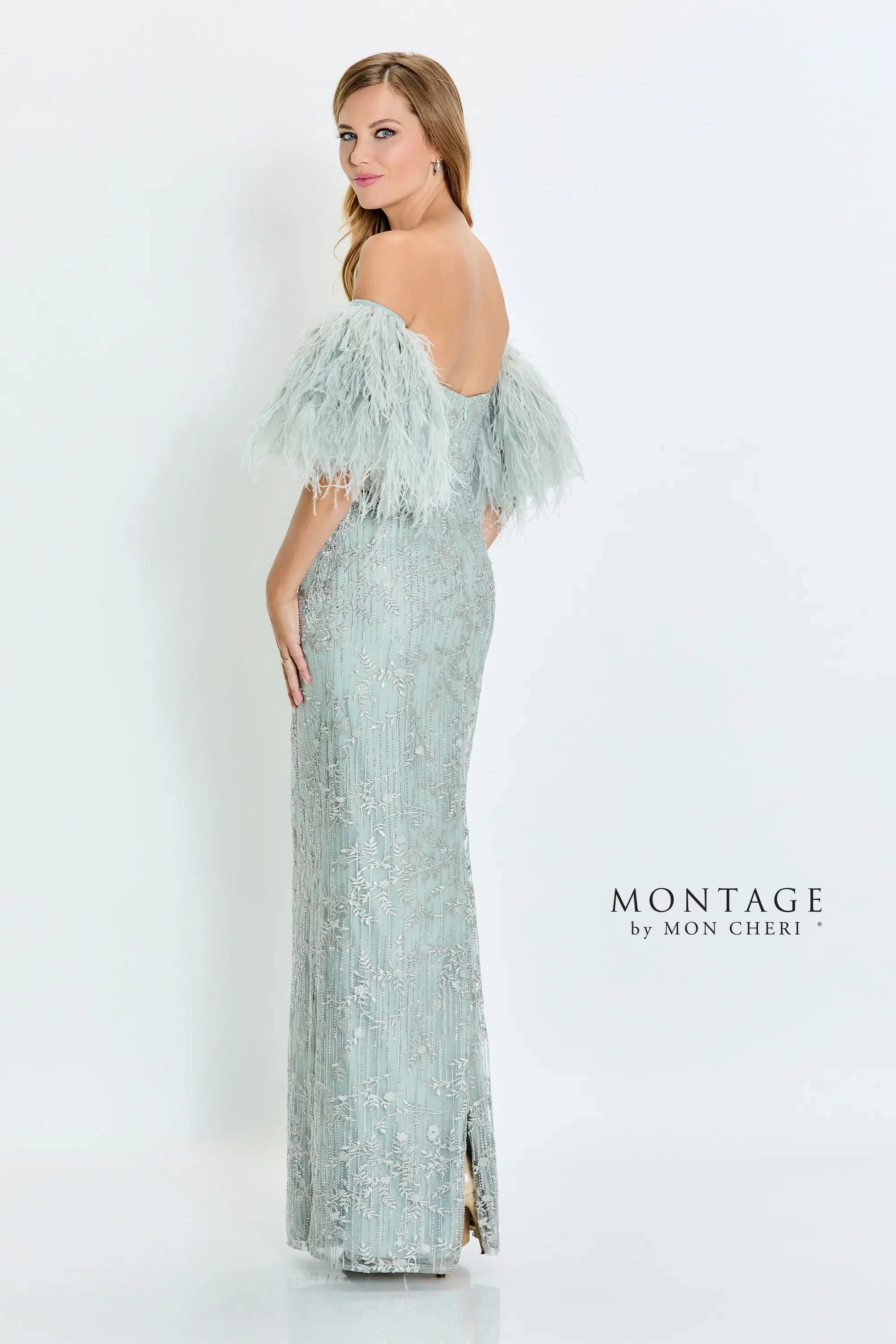 Montage M525 Fitted Long Formal Detachable Feather Sleeves Evening Dress
