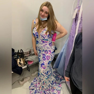 Sequin Print Fitted Sleeveless Gown by Jovani 08257