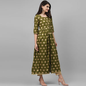 Maai - Green Casual Block Printed Cotton Anarkali Kurti