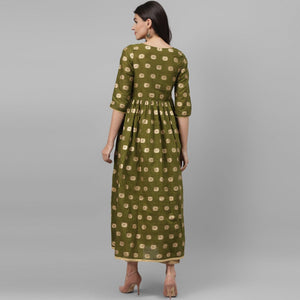 Maai - Green Casual Block Printed Cotton Anarkali Kurti