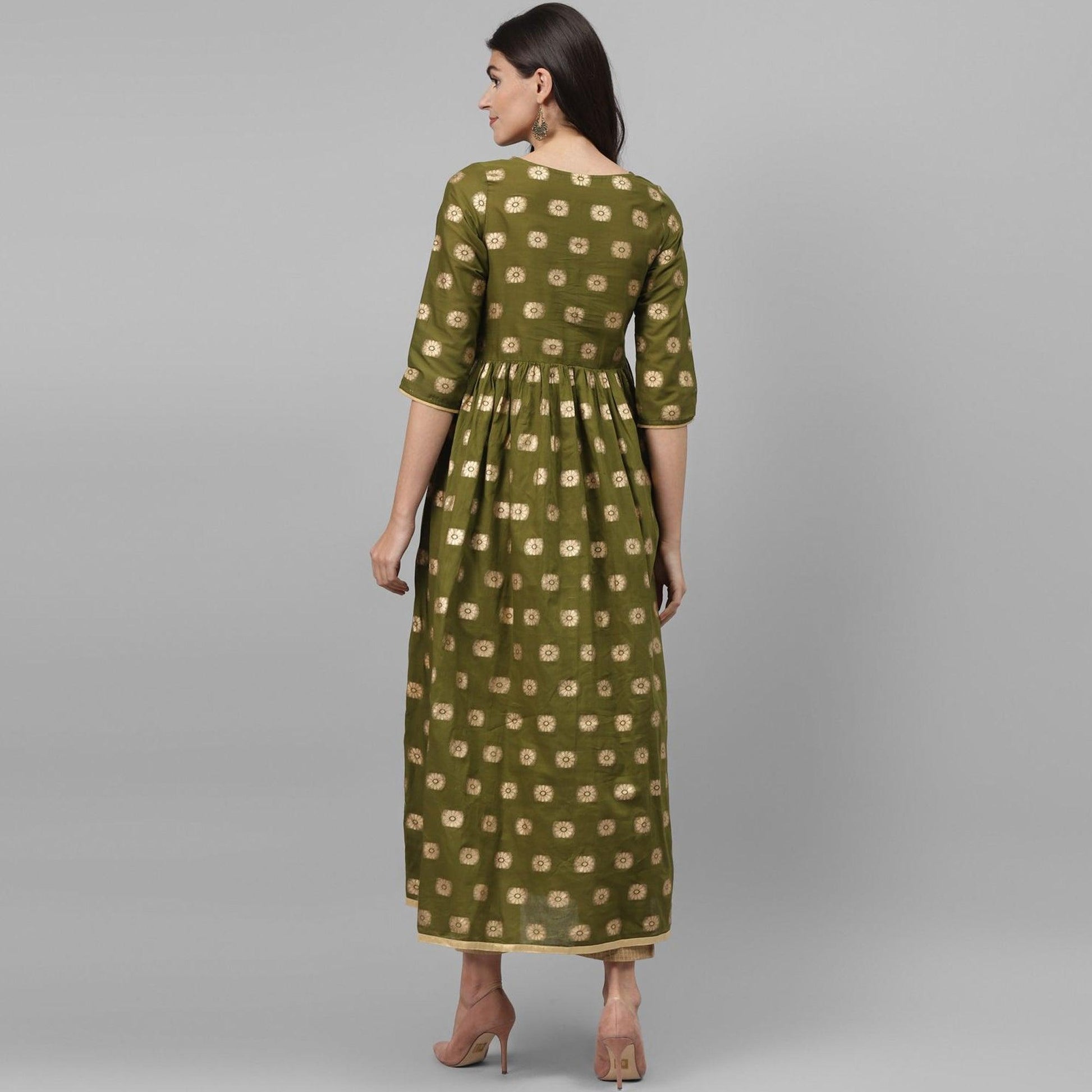 Maai - Green Casual Block Printed Cotton Anarkali Kurti