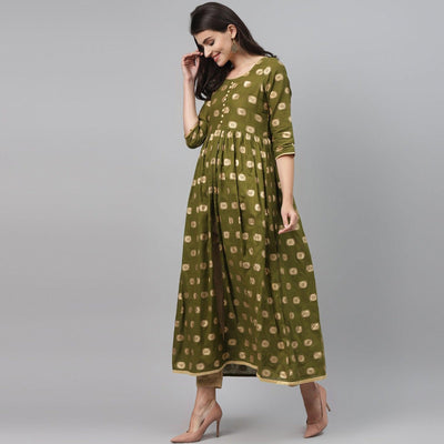 Maai - Green Casual Block Printed Cotton Anarkali Kurti