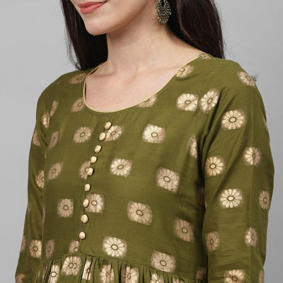 Maai - Green Casual Block Printed Cotton Anarkali Kurti
