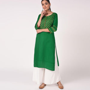 Maai - Green Casual Block Printed Cotton Kurti