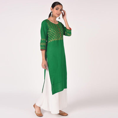 Maai - Green Casual Block Printed Cotton Kurti