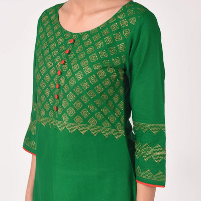Maai - Green Casual Block Printed Cotton Kurti