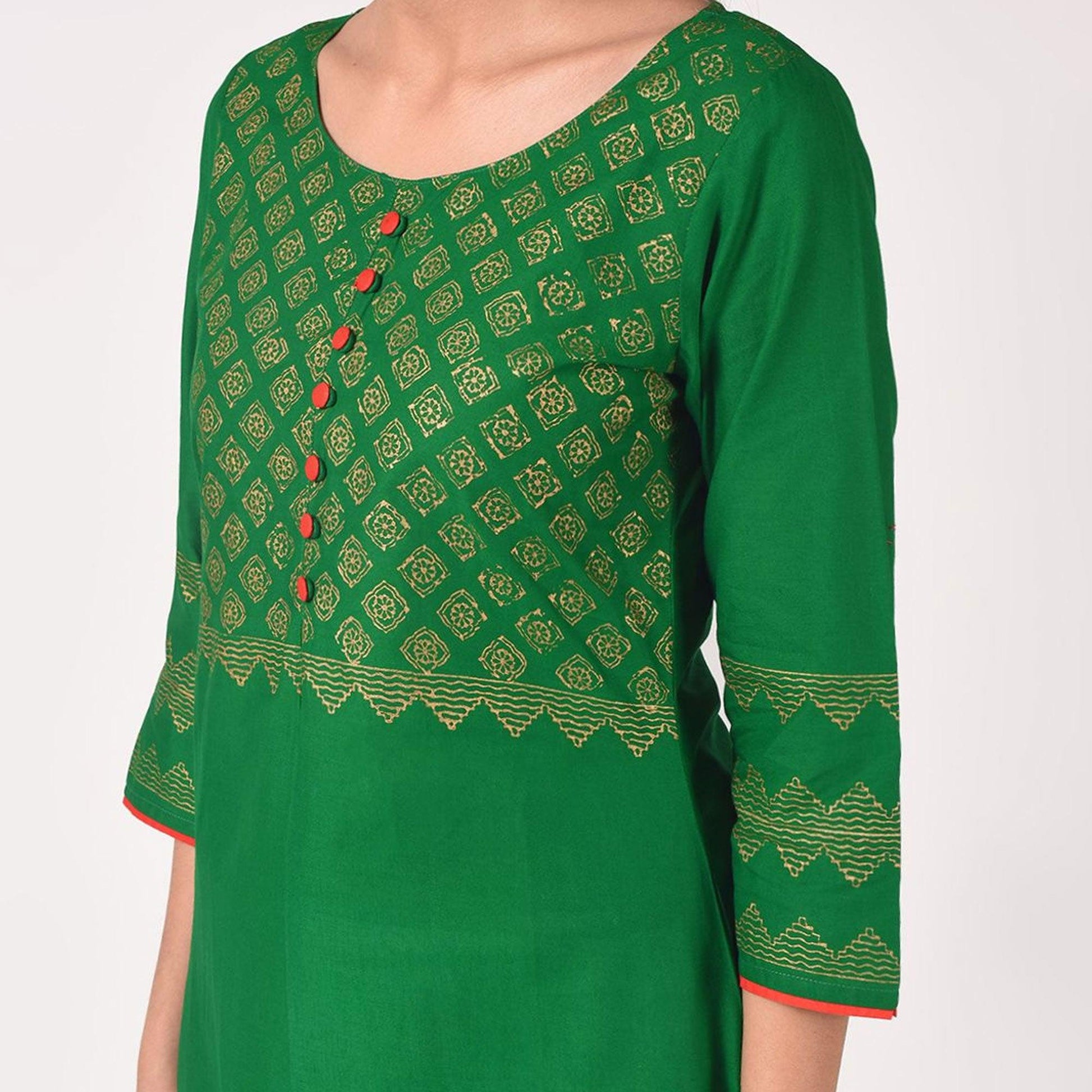 Maai - Green Casual Block Printed Cotton Kurti