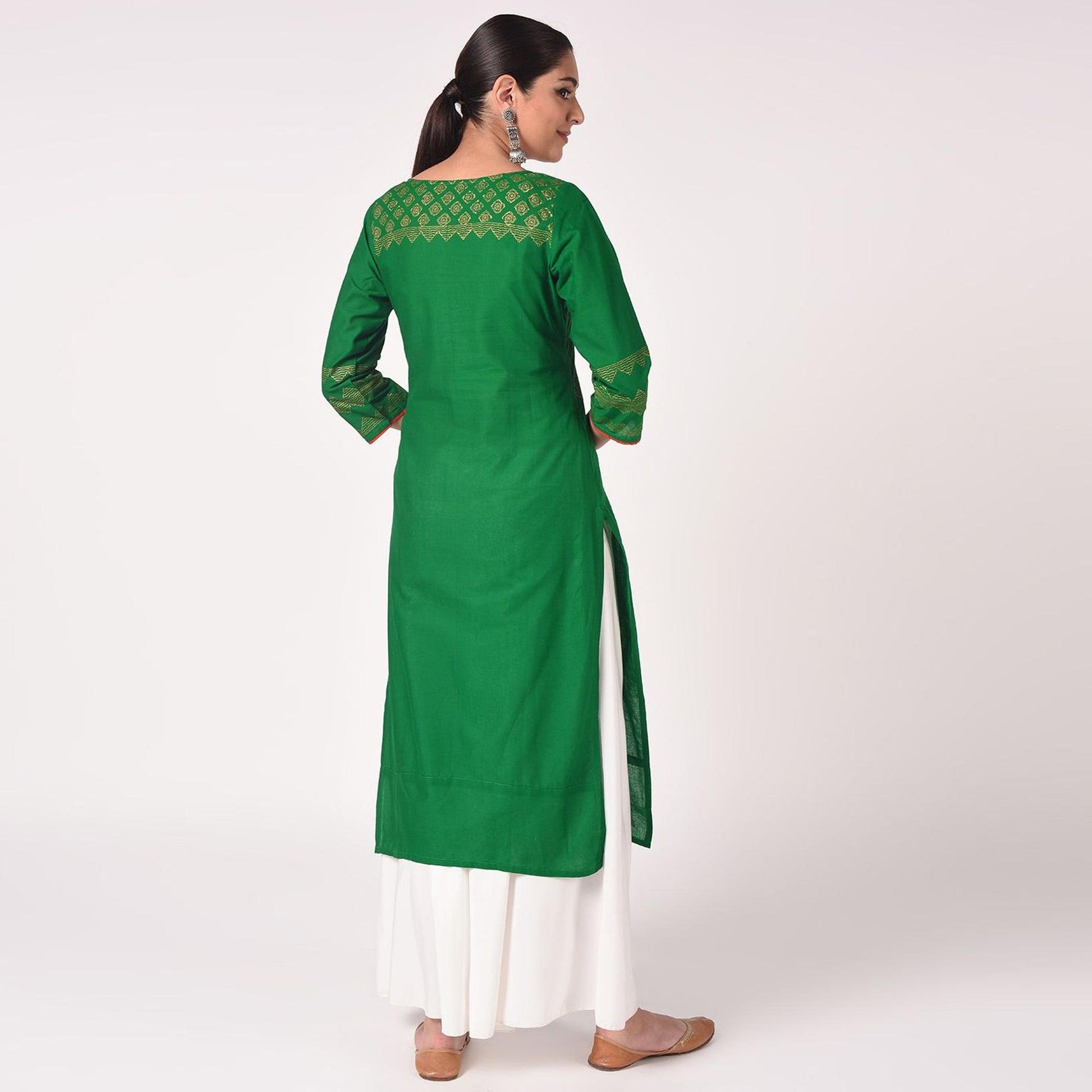 Maai - Green Casual Block Printed Cotton Kurti