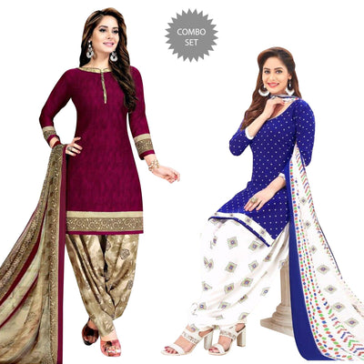 Magenta & Blue Casual Wear Printed Crepe Patiala Dress Material - Pack Of 2