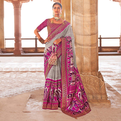 Magenta & Off White Patola Printed-Sequins Embroidered Pure Silk Saree