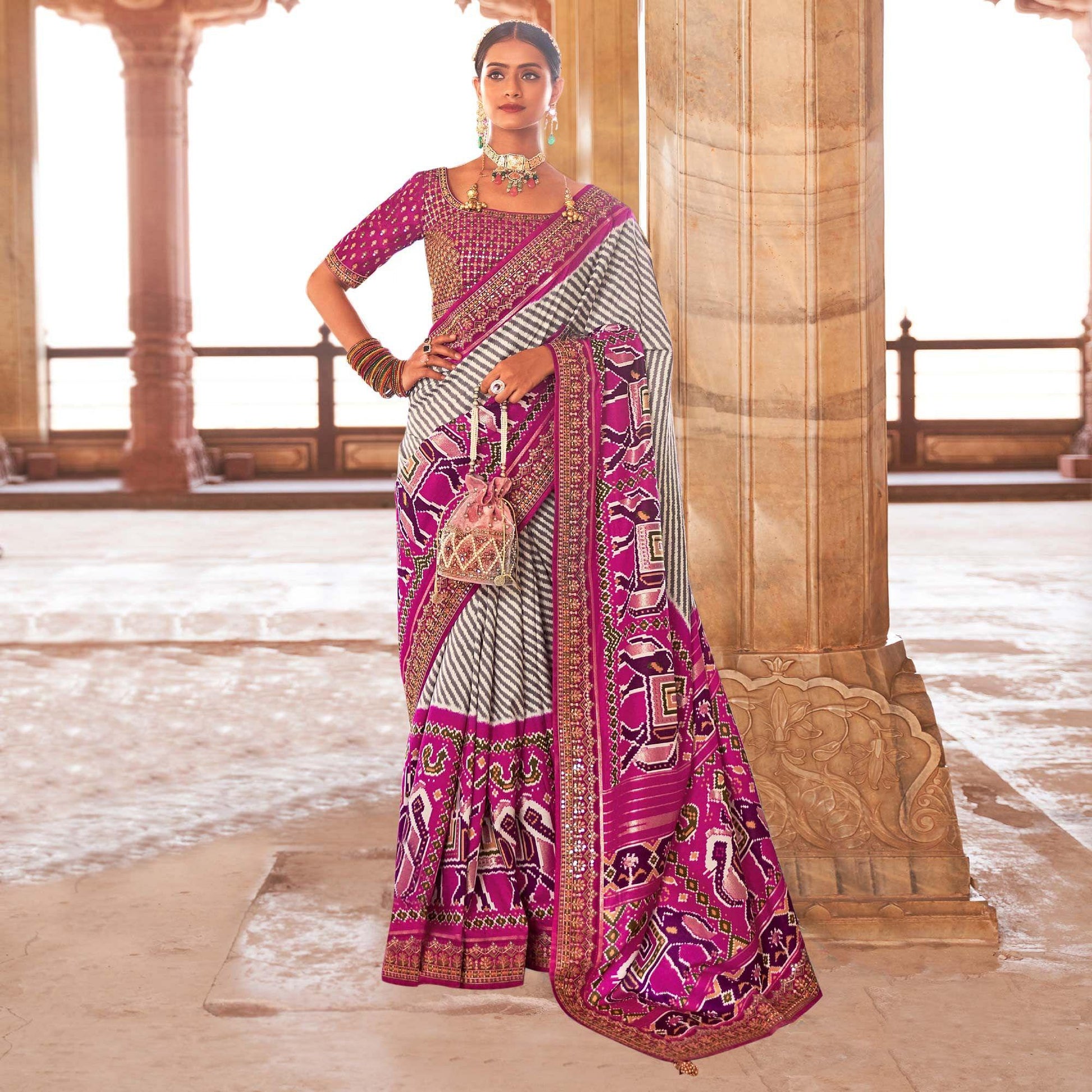 Magenta & Off White Patola Printed-Sequins Embroidered Pure Silk Saree