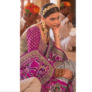 Magenta & Off White Patola Printed-Sequins Embroidered Pure Silk Saree