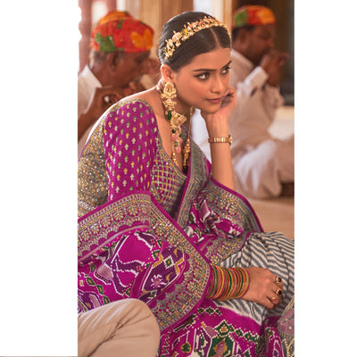 Magenta & Off White Patola Printed-Sequins Embroidered Pure Silk Saree