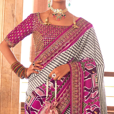 Magenta & Off White Patola Printed-Sequins Embroidered Pure Silk Saree