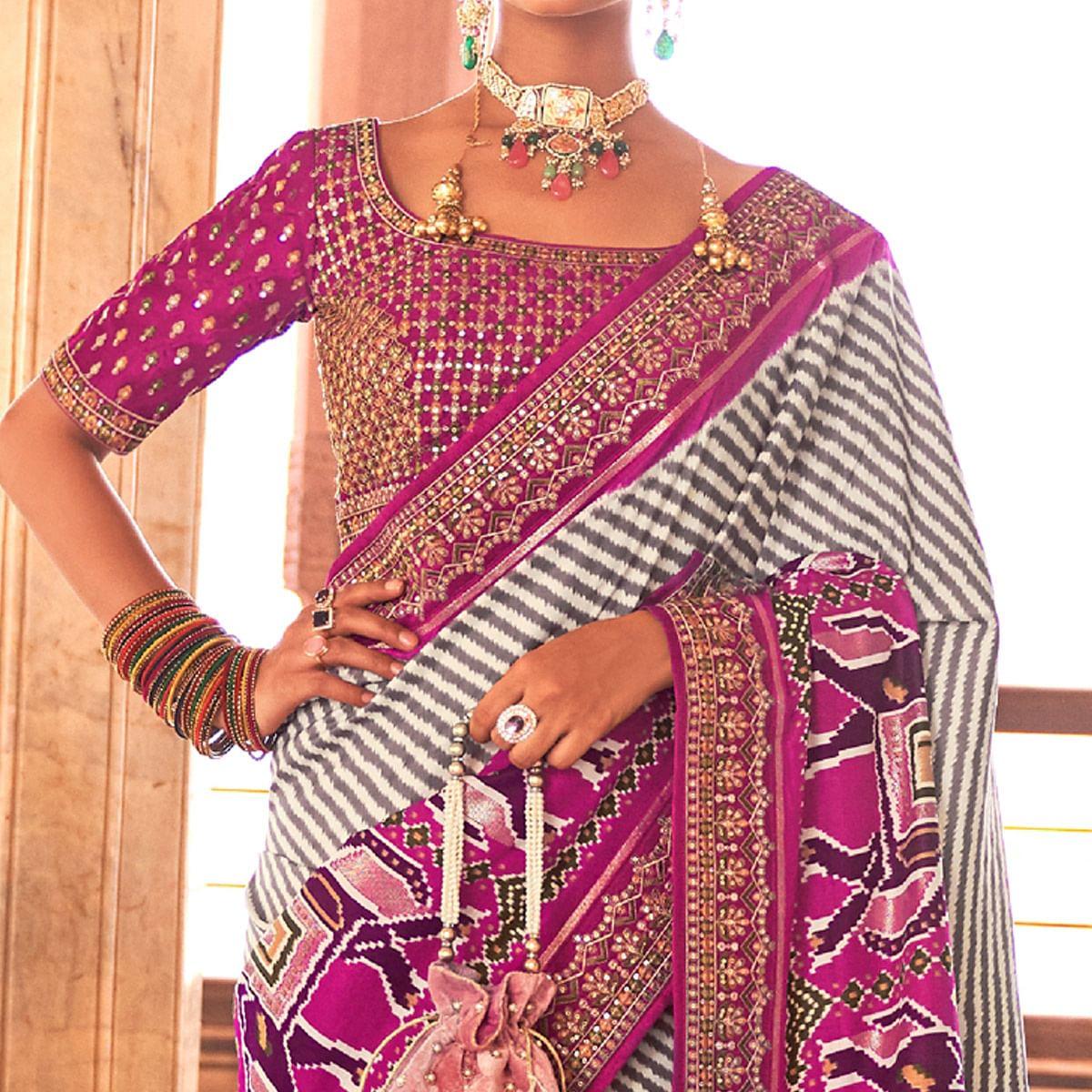 Magenta & Off White Patola Printed-Sequins Embroidered Pure Silk Saree