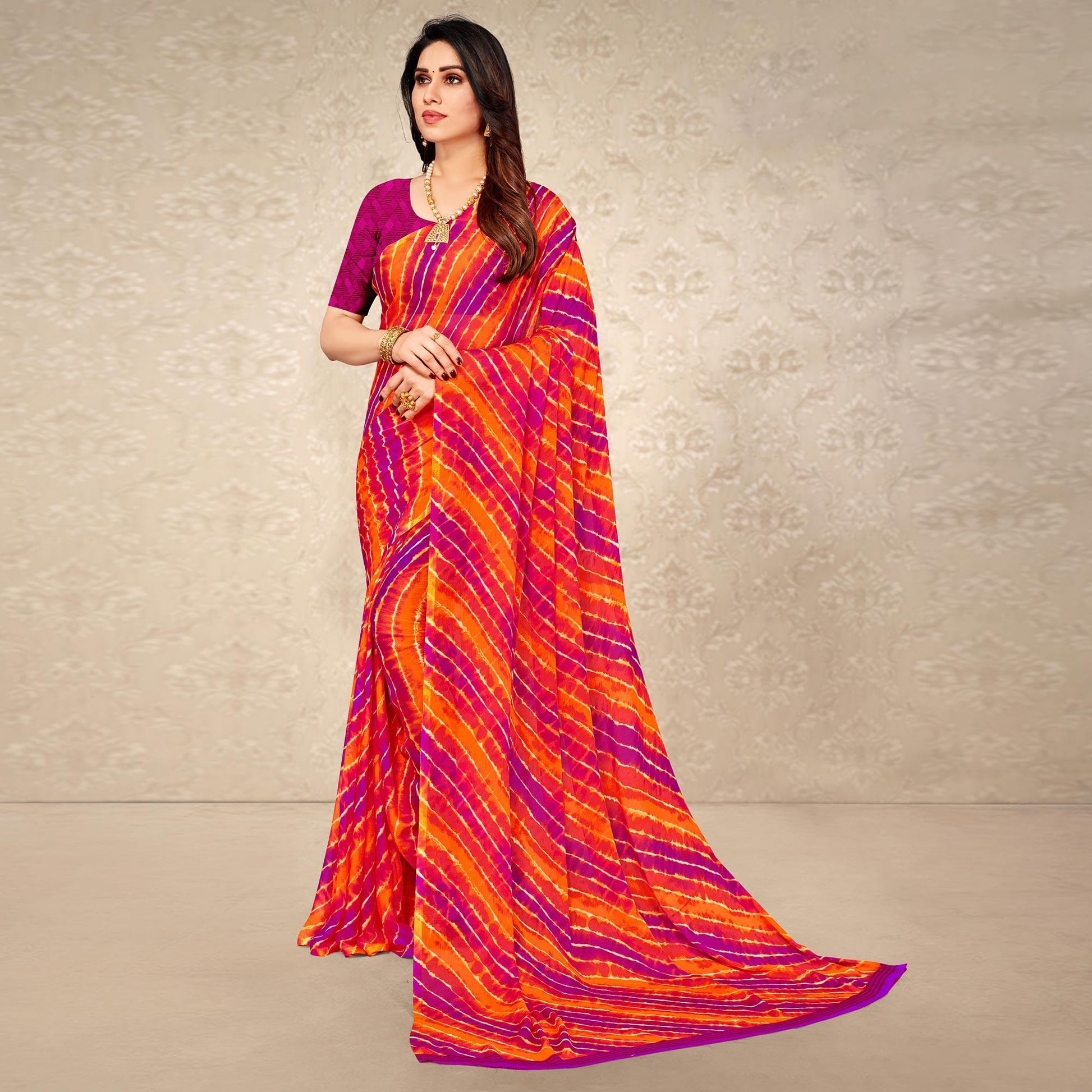 Magenta & Orange Printed Chiffon Saree