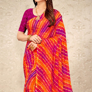 Magenta & Orange Printed Chiffon Saree