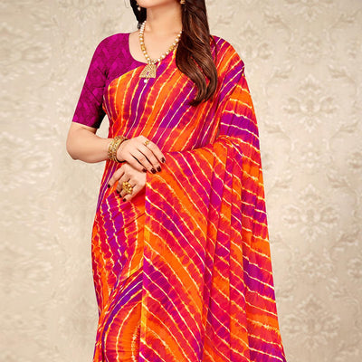 Magenta & Orange Printed Chiffon Saree