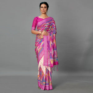 Magenta Casual Art Silk Printed Saree With Unstitched Blouse