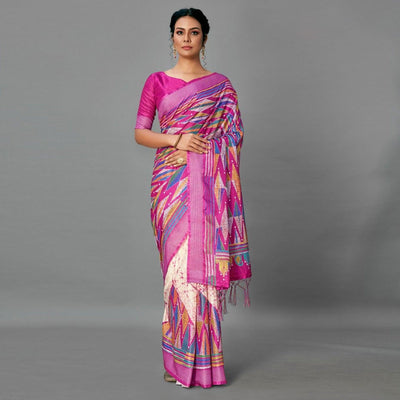 Magenta Casual Art Silk Printed Saree With Unstitched Blouse