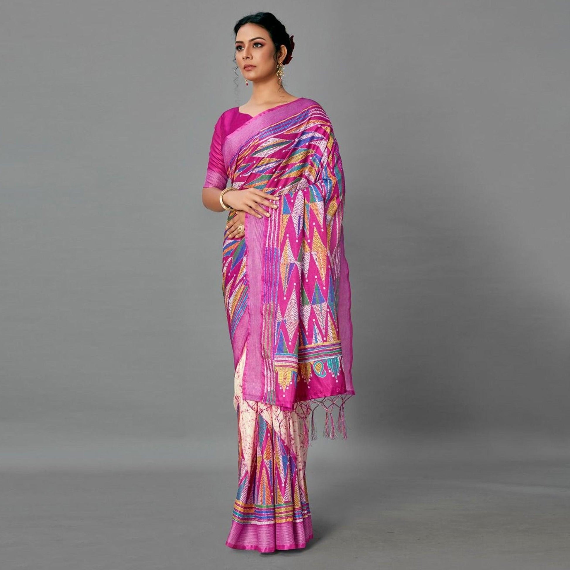 Magenta Casual Art Silk Printed Saree With Unstitched Blouse
