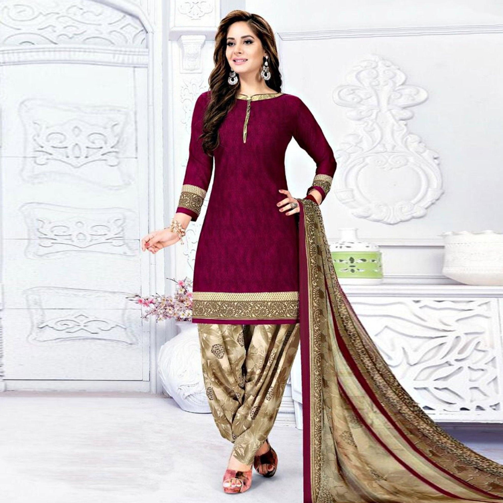 Magenta Casual Wear Crepe Patiala Dress Material
