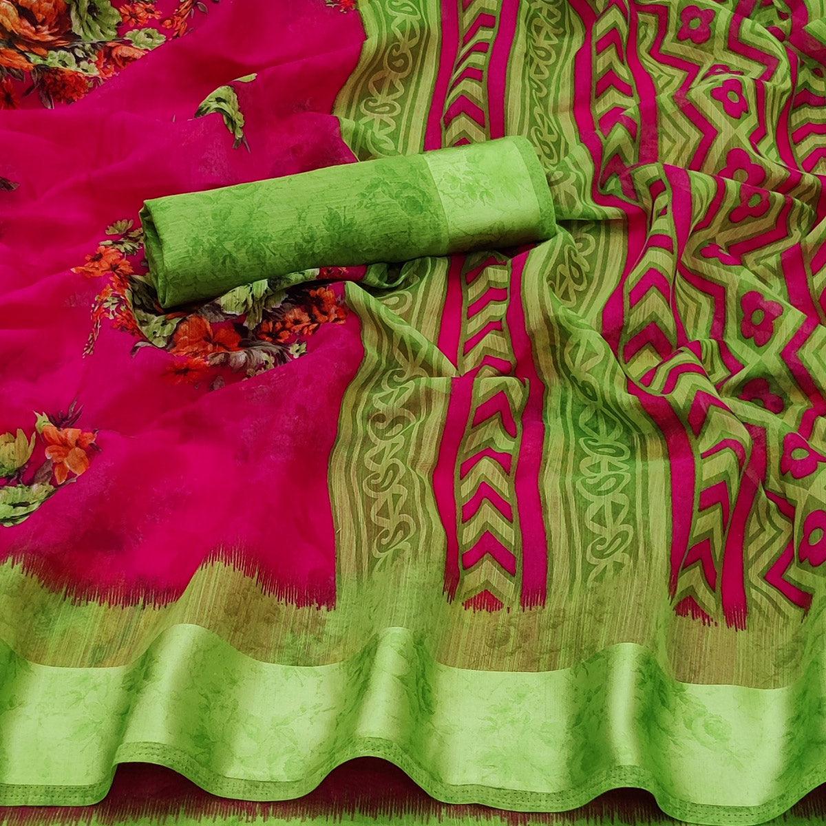 Magenta Casual Wear Floral Digital Printed linen Saree