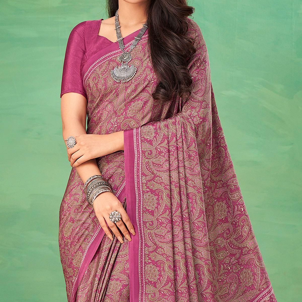 Magenta Casual Wear Printed Silk Saree