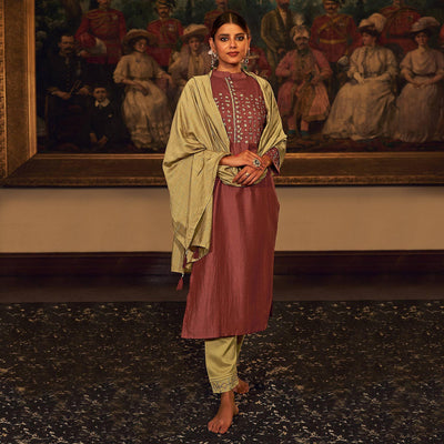 Magenta  Floral Embroidered Pure Viscose Silk Partywear Suit