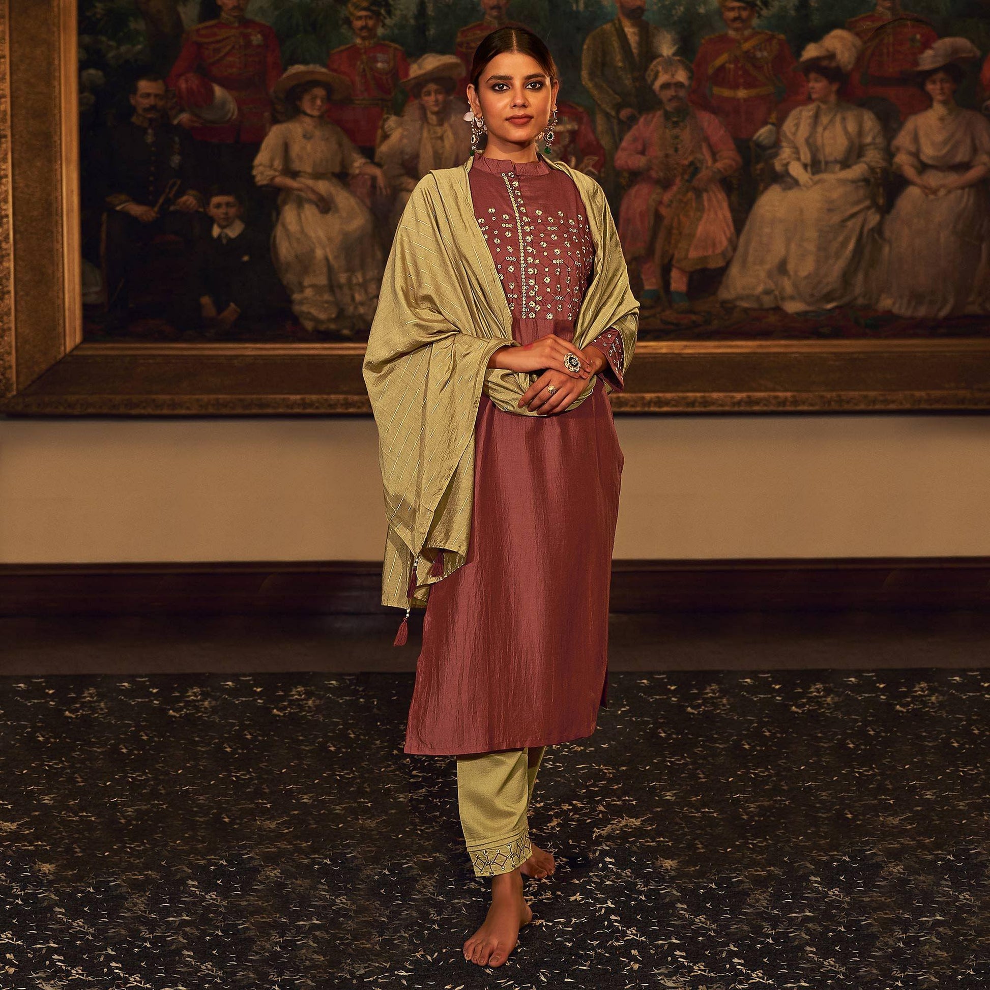Magenta  Floral Embroidered Pure Viscose Silk Partywear Suit