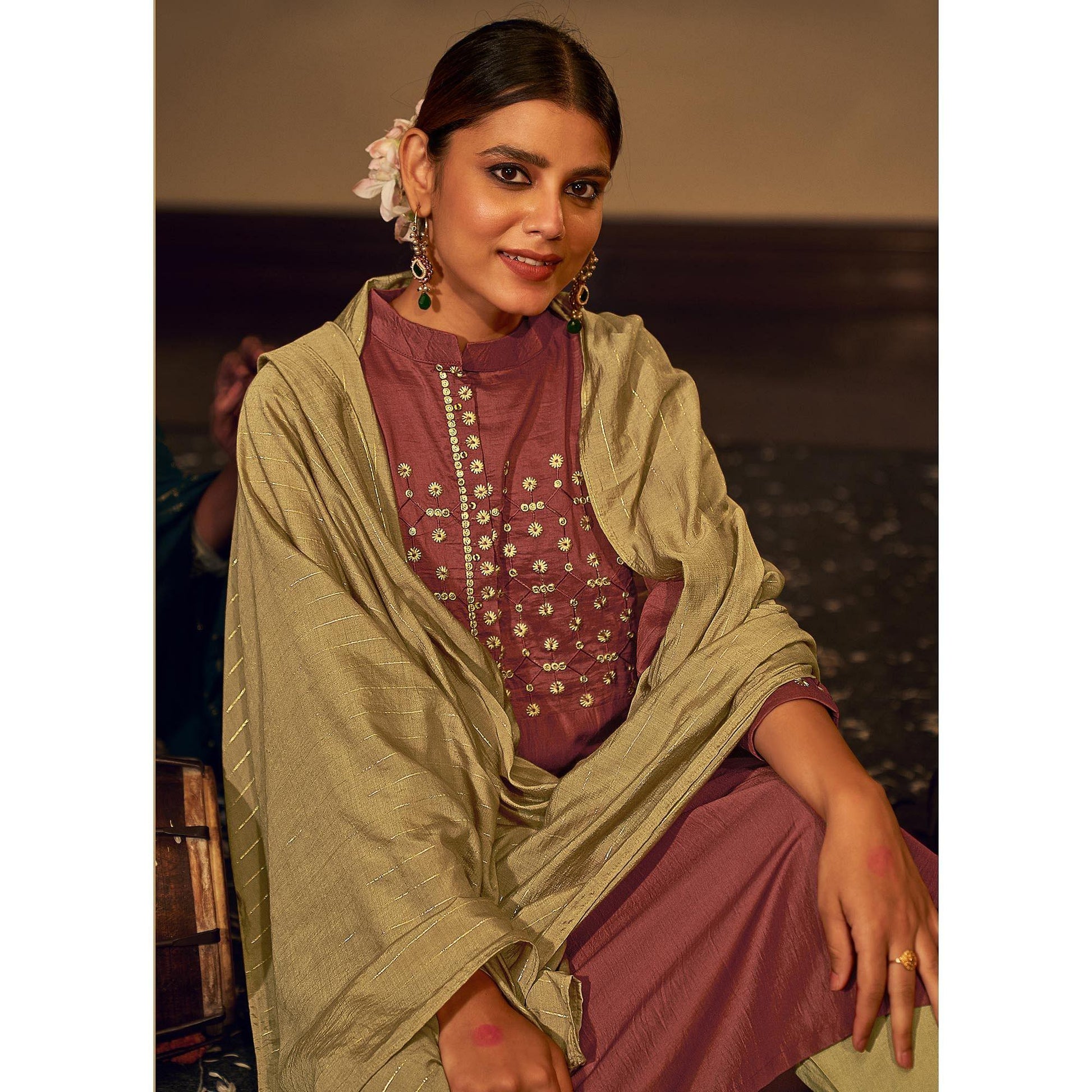 Magenta  Floral Embroidered Pure Viscose Silk Partywear Suit
