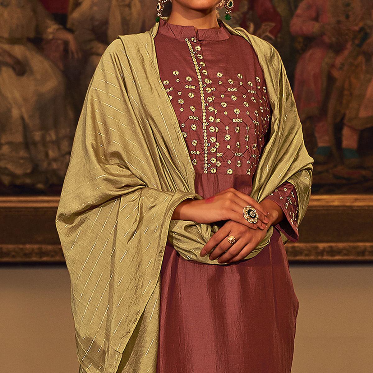 Magenta  Floral Embroidered Pure Viscose Silk Partywear Suit