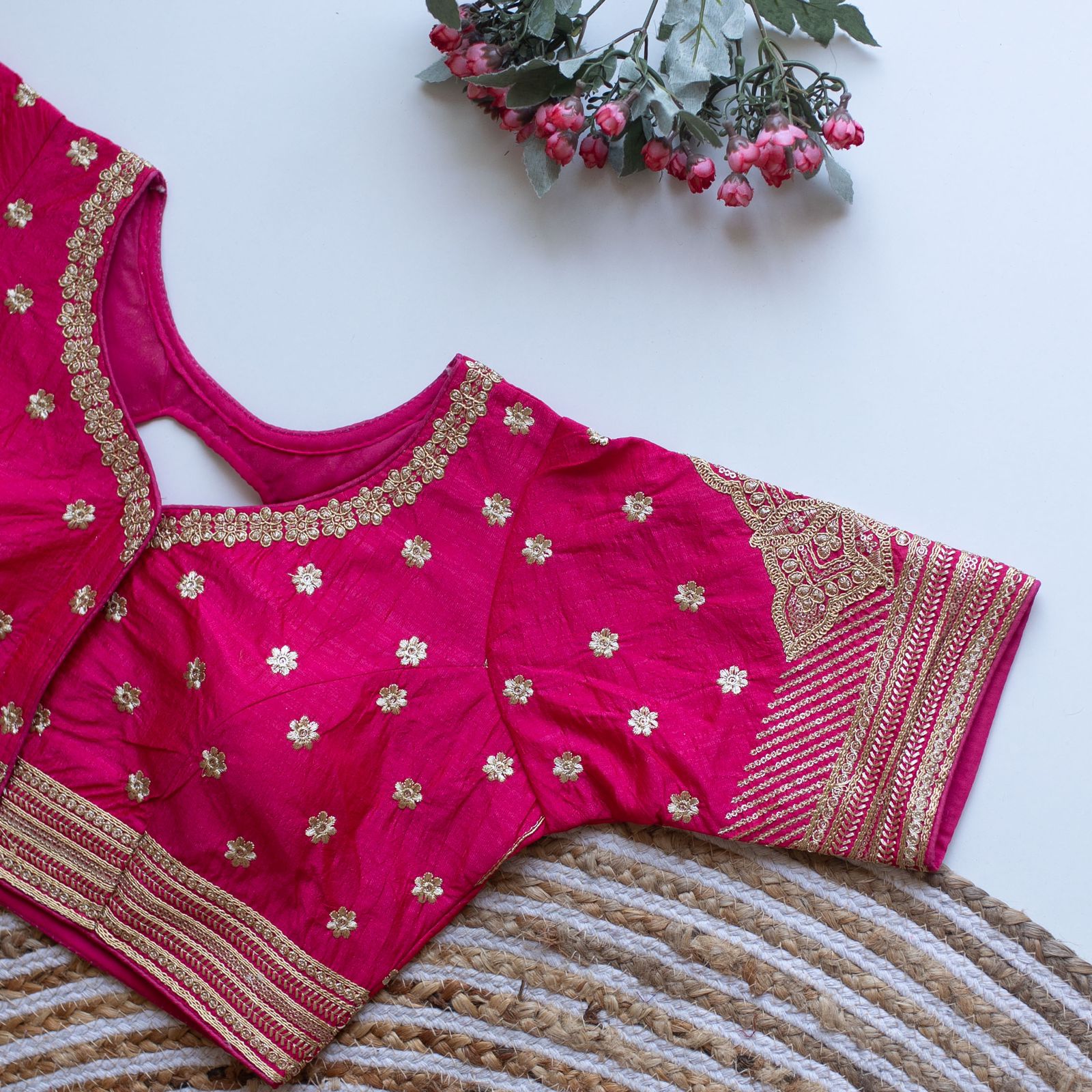 Magenta Golden Embroidered Blouse with Sequins – Caterpillar Silk Elegance