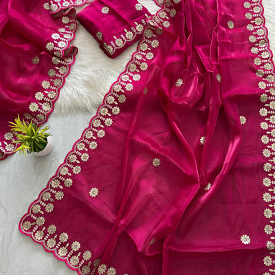 Magenta Jimmy Choo Saree with Beautiful Jaipuri Gota Work – Complete with Matching Running Blouse