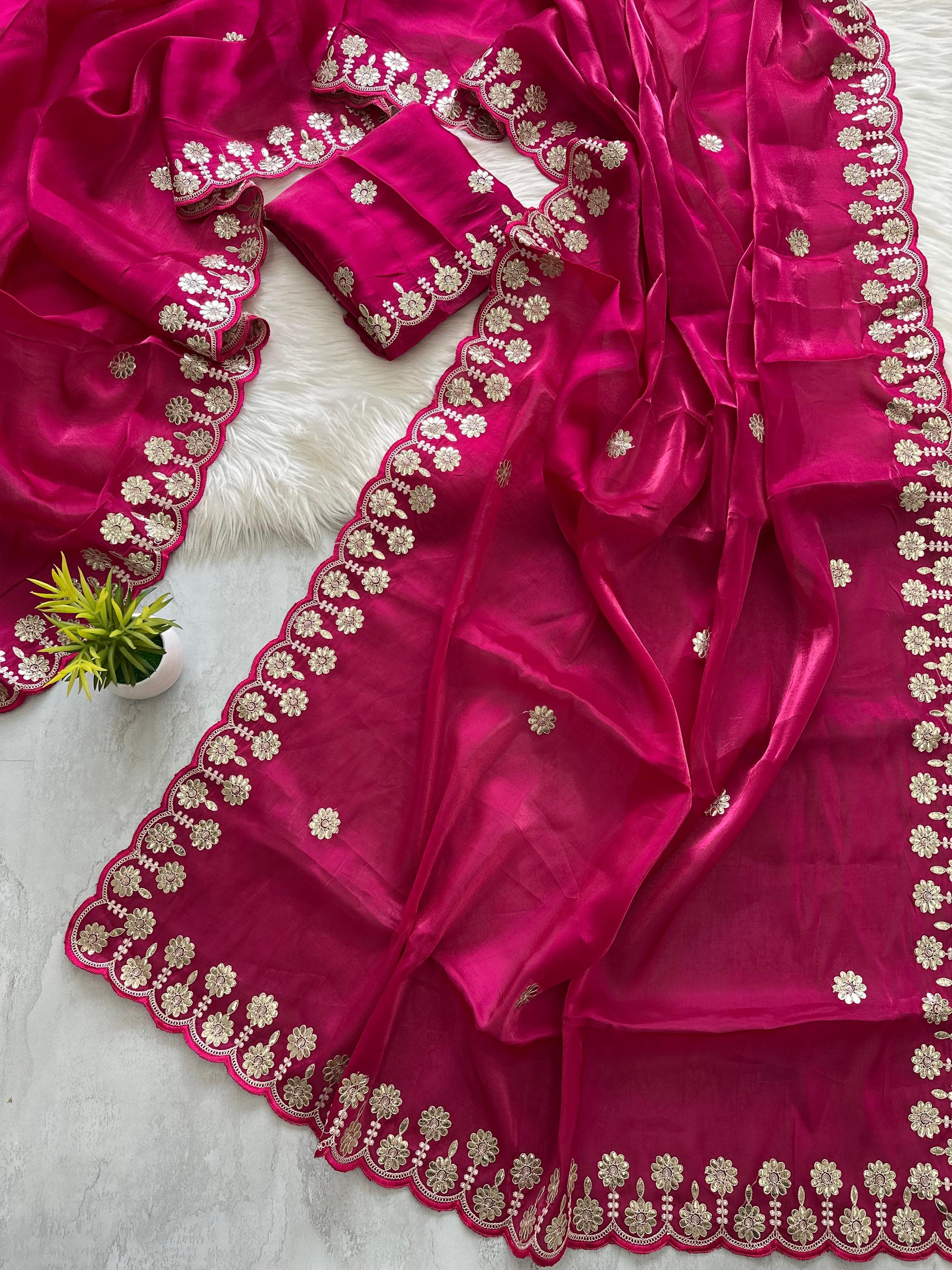 Magenta Jimmy Choo Saree with Beautiful Jaipuri Gota Work – Complete with Matching Running Blouse