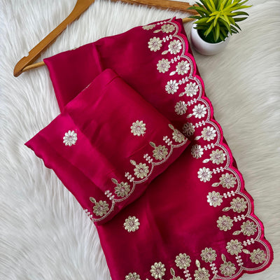 Magenta Jimmy Choo Saree with Beautiful Jaipuri Gota Work – Complete with Matching Running Blouse