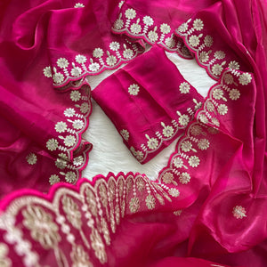 Magenta Jimmy Choo Saree with Beautiful Jaipuri Gota Work – Complete with Matching Running Blouse