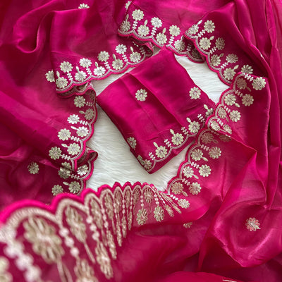 Magenta Jimmy Choo Saree with Beautiful Jaipuri Gota Work – Complete with Matching Running Blouse