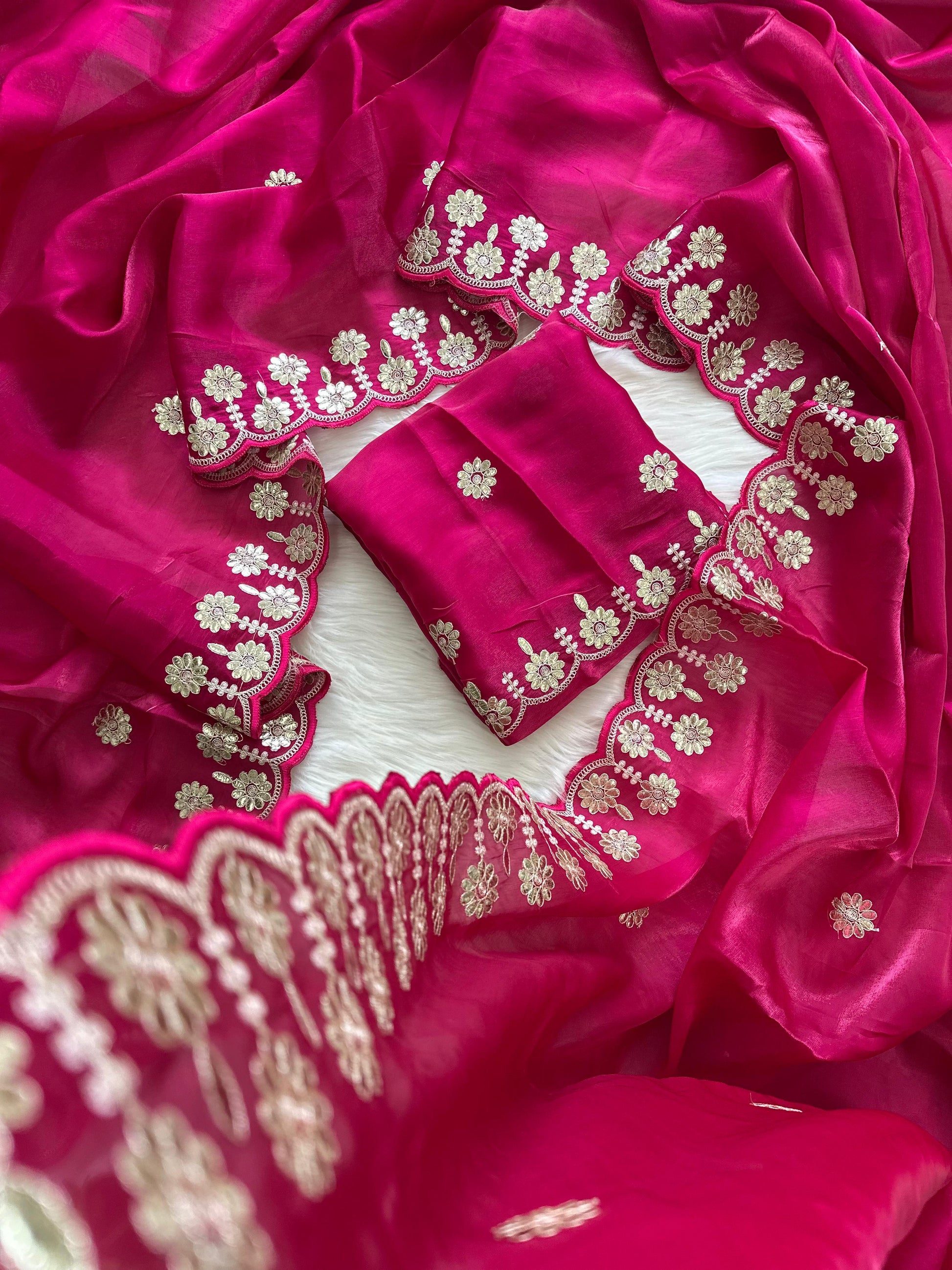 Magenta Jimmy Choo Saree with Beautiful Jaipuri Gota Work – Complete with Matching Running Blouse