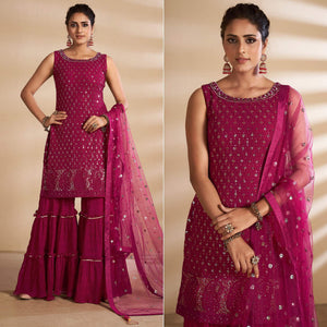 Magenta Partywear Embroidered Georgette Sharara Suit