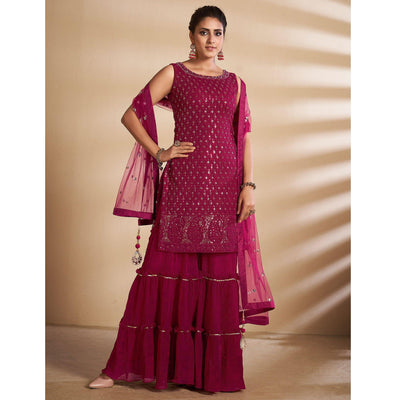 Magenta Partywear Embroidered Georgette Sharara Suit