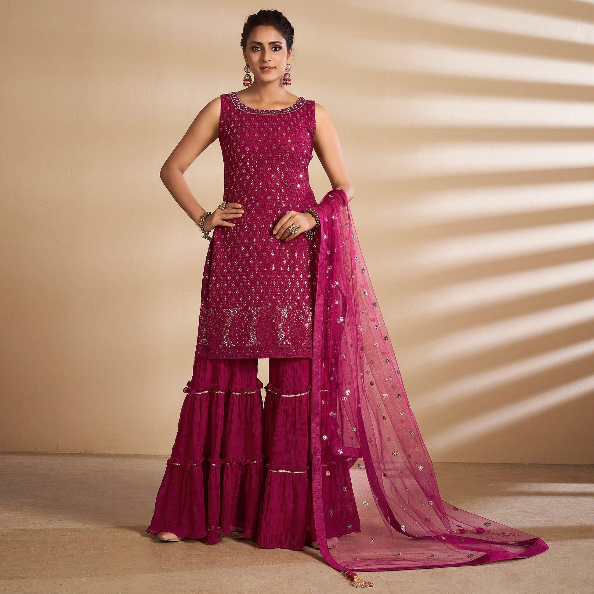 Magenta Partywear Embroidered Georgette Sharara Suit