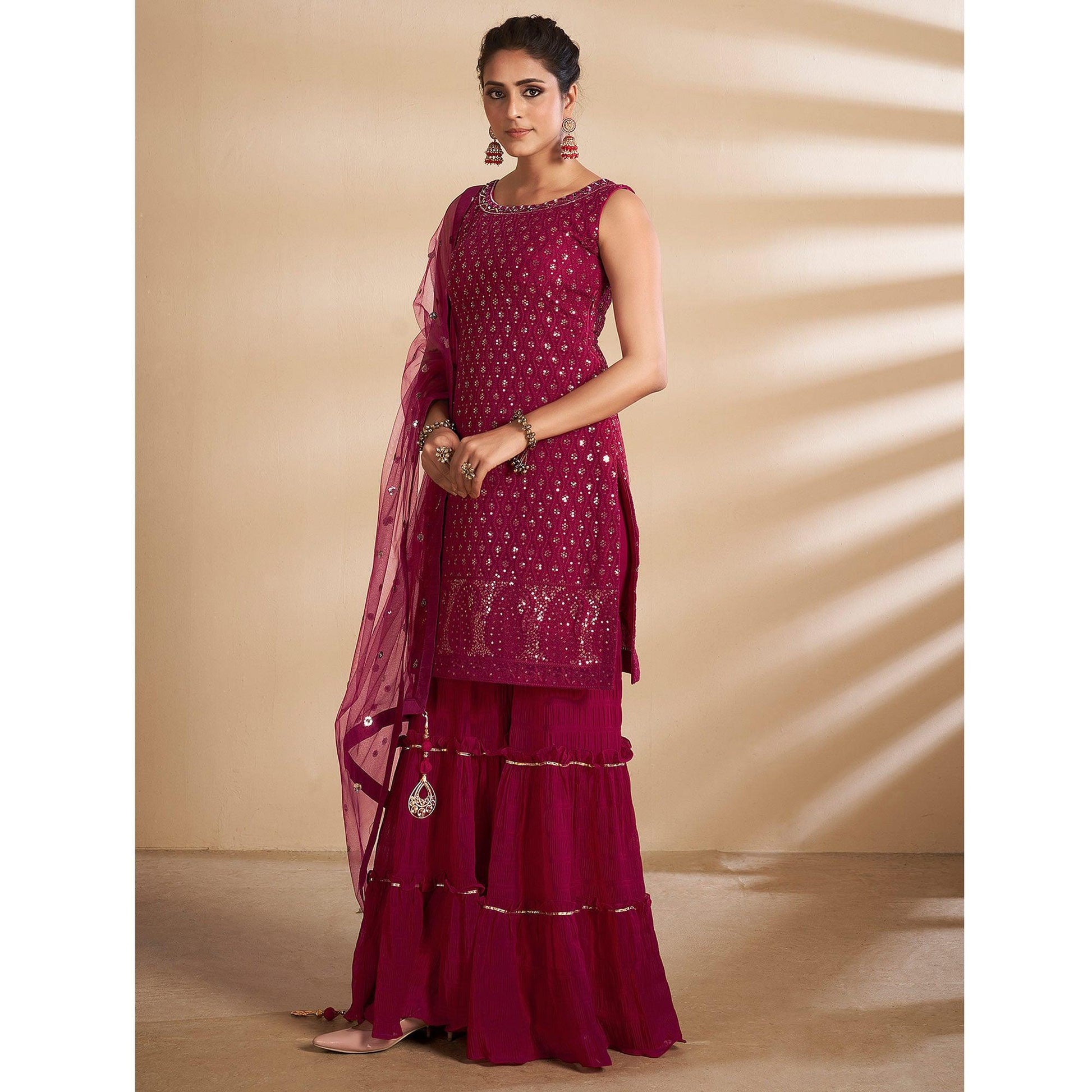 Magenta Partywear Embroidered Georgette Sharara Suit