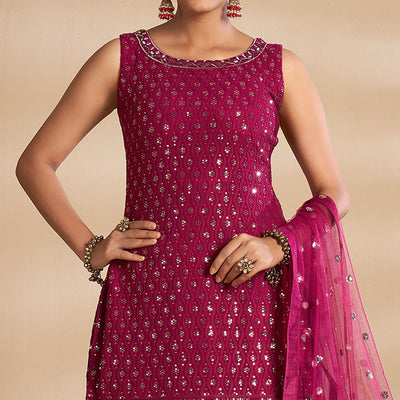 Magenta Partywear Embroidered Georgette Sharara Suit