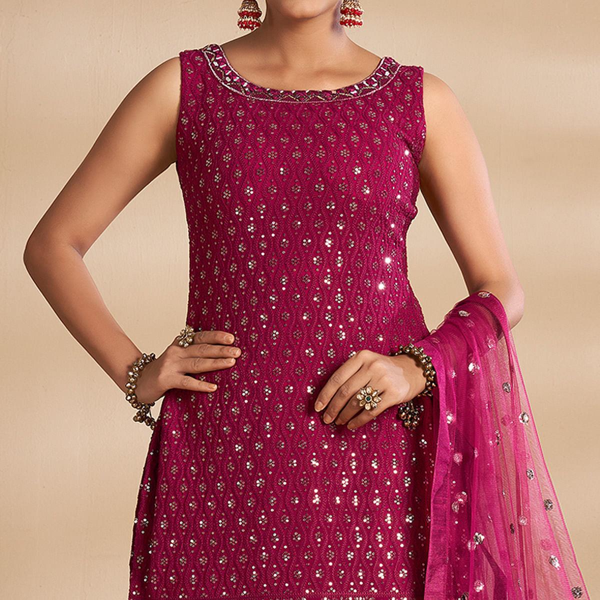 Magenta Partywear Embroidered Georgette Sharara Suit