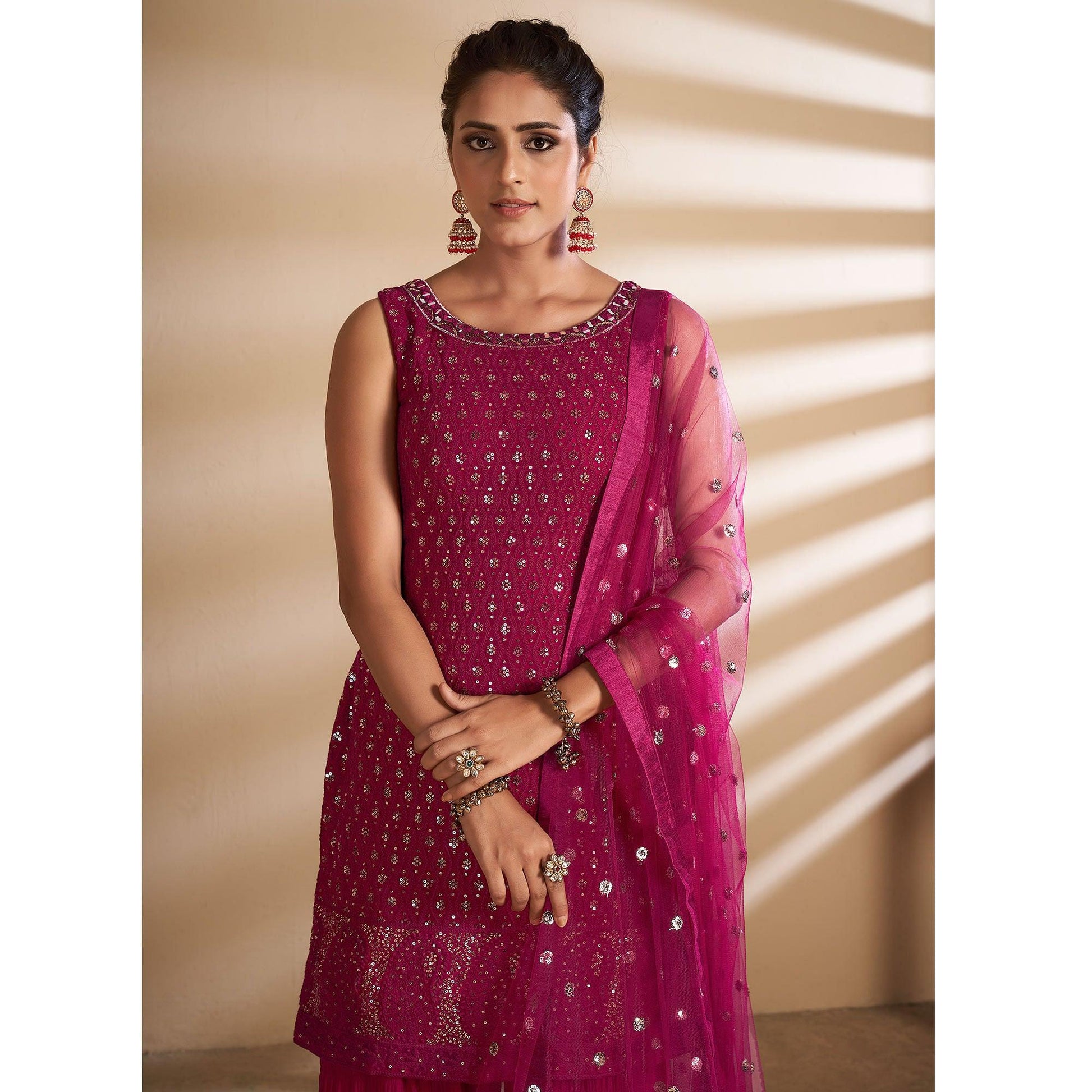 Magenta Partywear Embroidered Georgette Sharara Suit